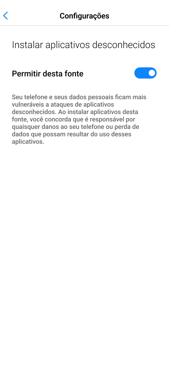 Permita a instalação de fontes desconhecidas para obter o aplicativo Betsul.