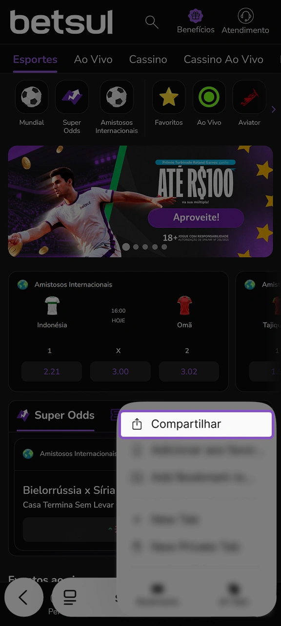 Abra o menu Compartilhar e clique para obter a versão móvel do Betsul.
