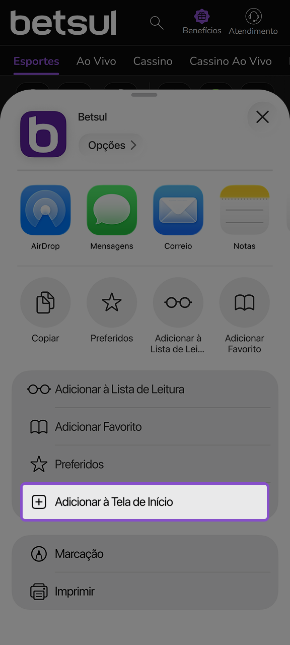 Selecione Adicionar à tela de início para instalar o Betsul na sua tela inicial.