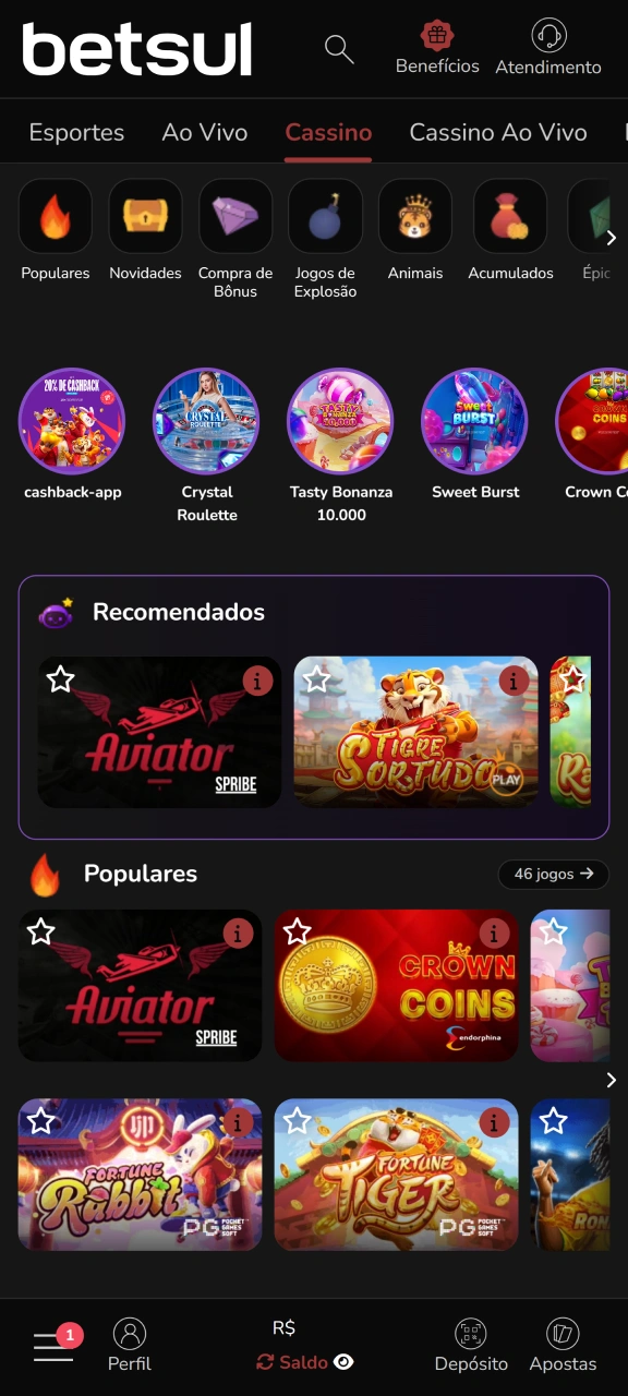 Acesse a seção de cassino no site da Betsul e procure por Aviator.