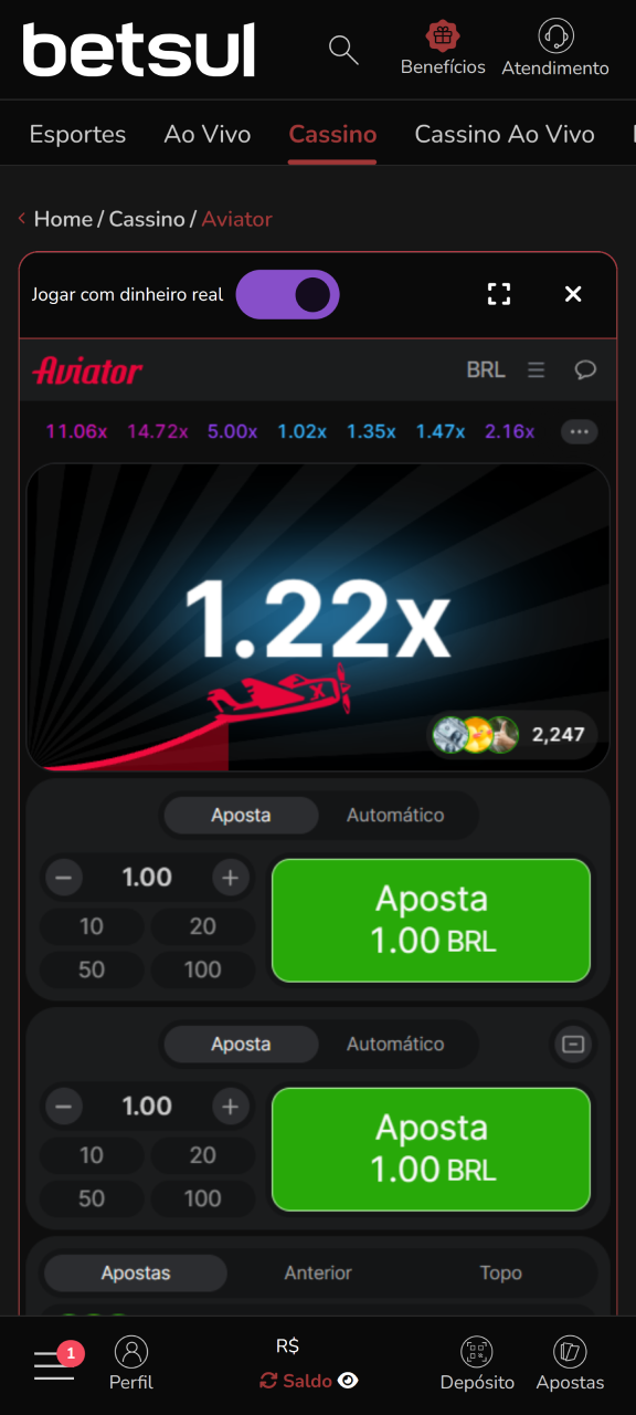 Faça sua primeira aposta e comece o jogo Aviator na Betsul.