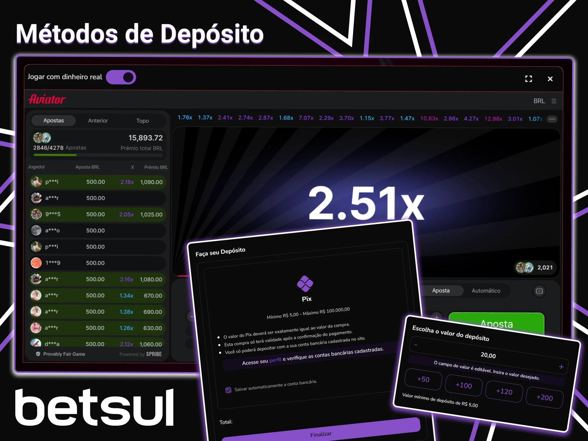 Use Pix para depositar e jogar com seu dinheiro no Aviator, da Betsul.