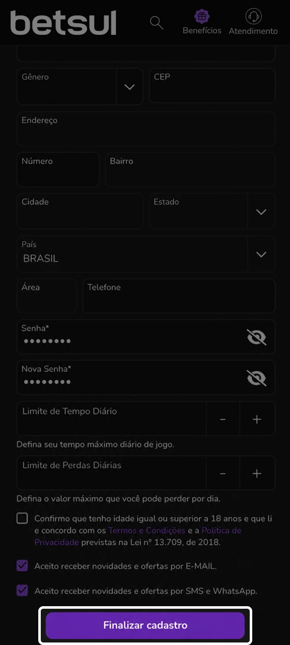 Conclua o processo de registro e acesse sua conta Betsul criada.