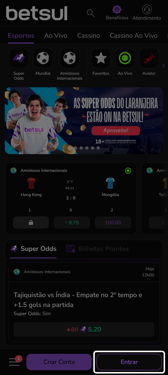 Clique em Entrar e abra o formulário no Betsul.