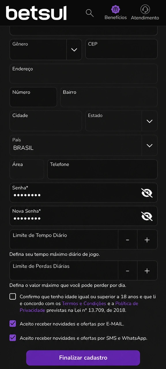 Preencha todos os dados necessários nos campos de cadastro do Betsul.