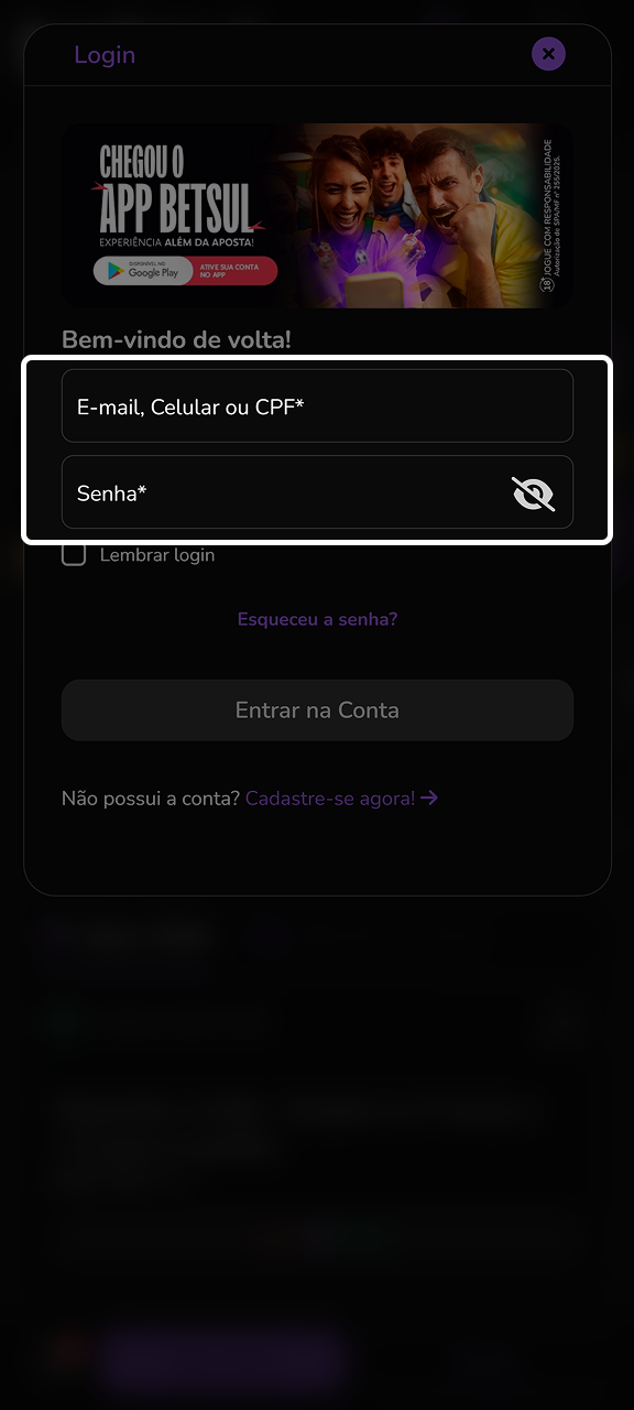 Insira o e-mail e a senha usados ​​para se cadastrar no Betsul.