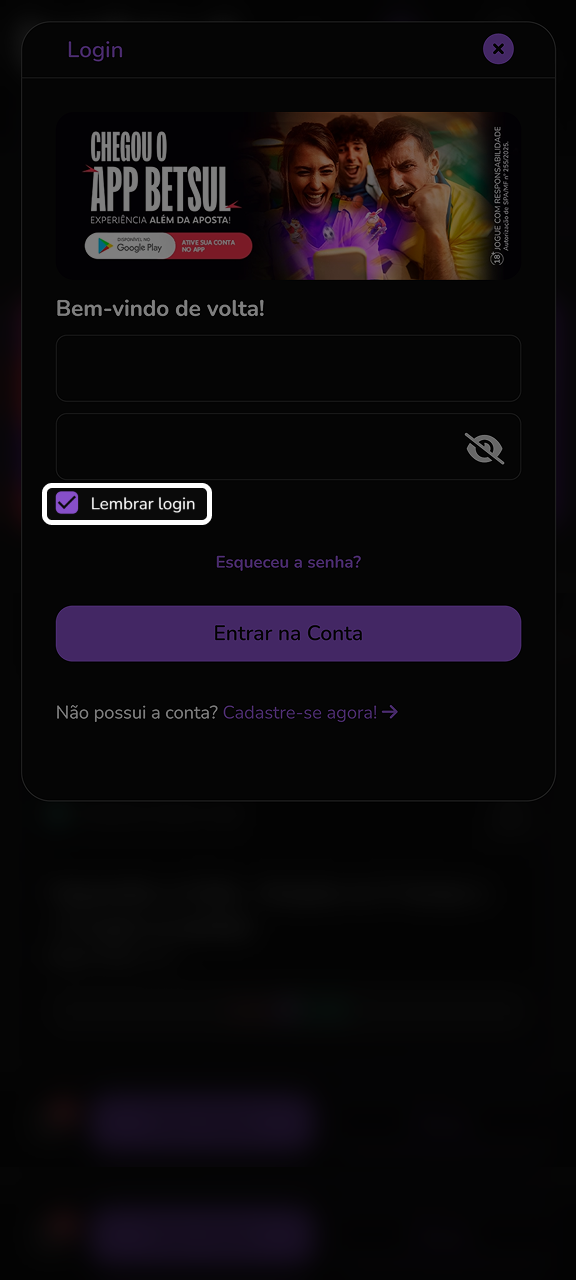 Se você deseja salvar seu login do Betsul, clique na caixa de seleção correspondente.