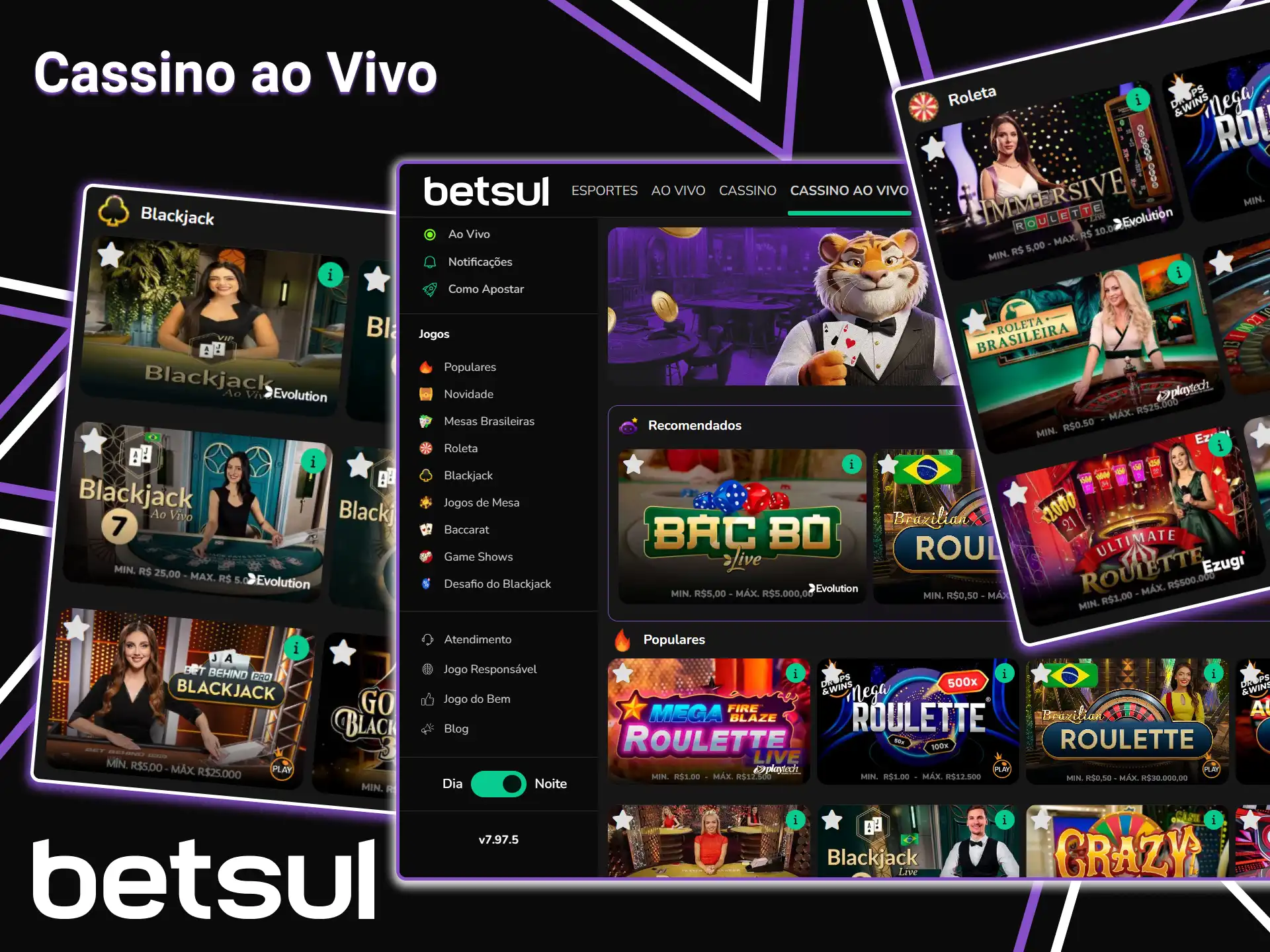 Acesse a seção de cassino ao vivo da Betsul e escolha entre roleta, blackjack e outros jogos com crupiês ao vivo.