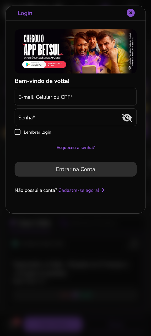 Insira suas credenciais de login para acessar o Betsul.