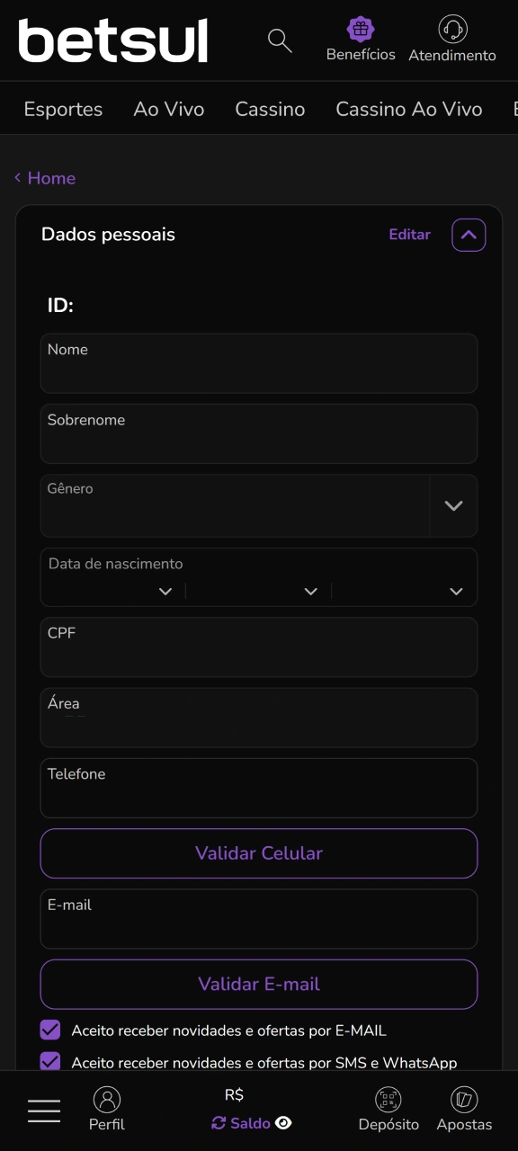 Verifique seus dados pessoais na conta Betsul.