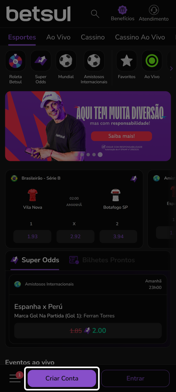 Clique em Registrar para criar uma conta Betsul.