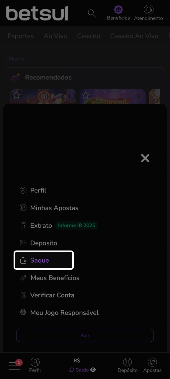 Acesse a seção de saques na sua conta Betsul.