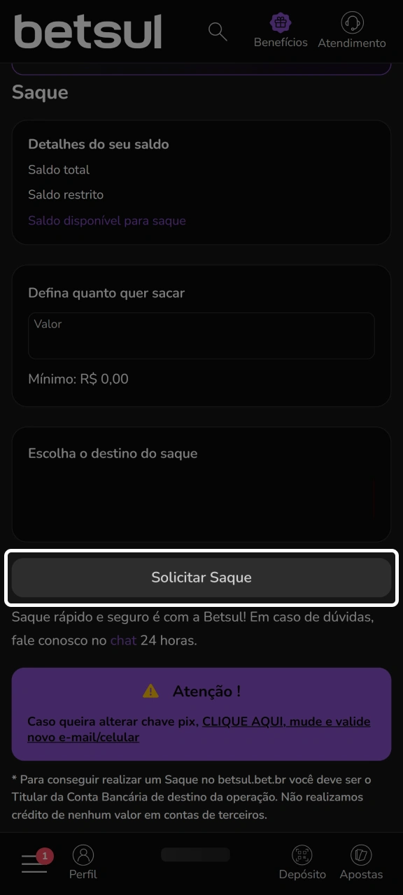 Confirme sua transação de saque na Betsul.