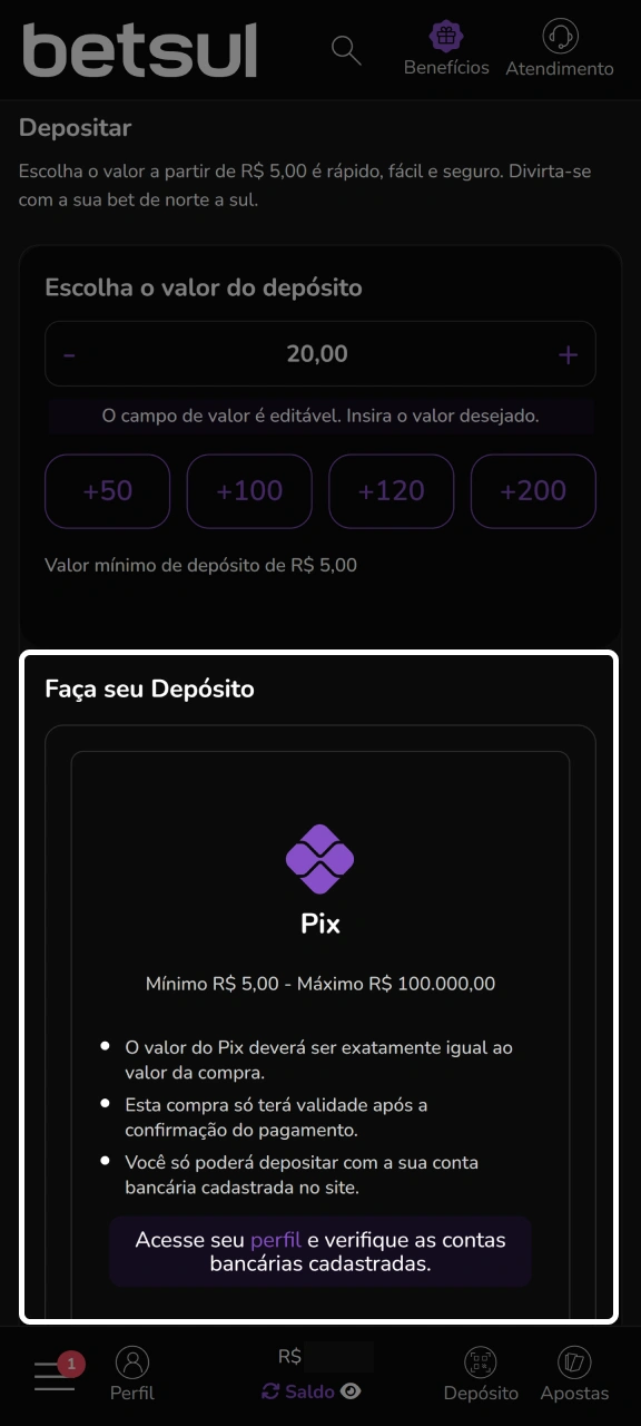 Escolha o método de pagamento na página de depósito da Betsul.