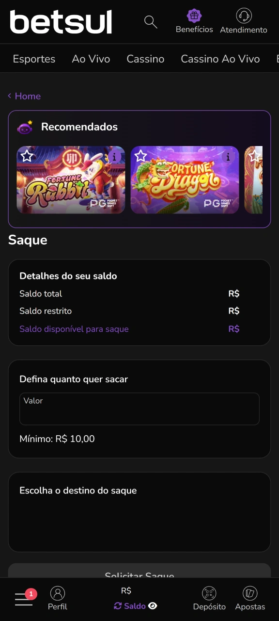 Escolha o método de saque e as opções disponíveis na Betsul.
