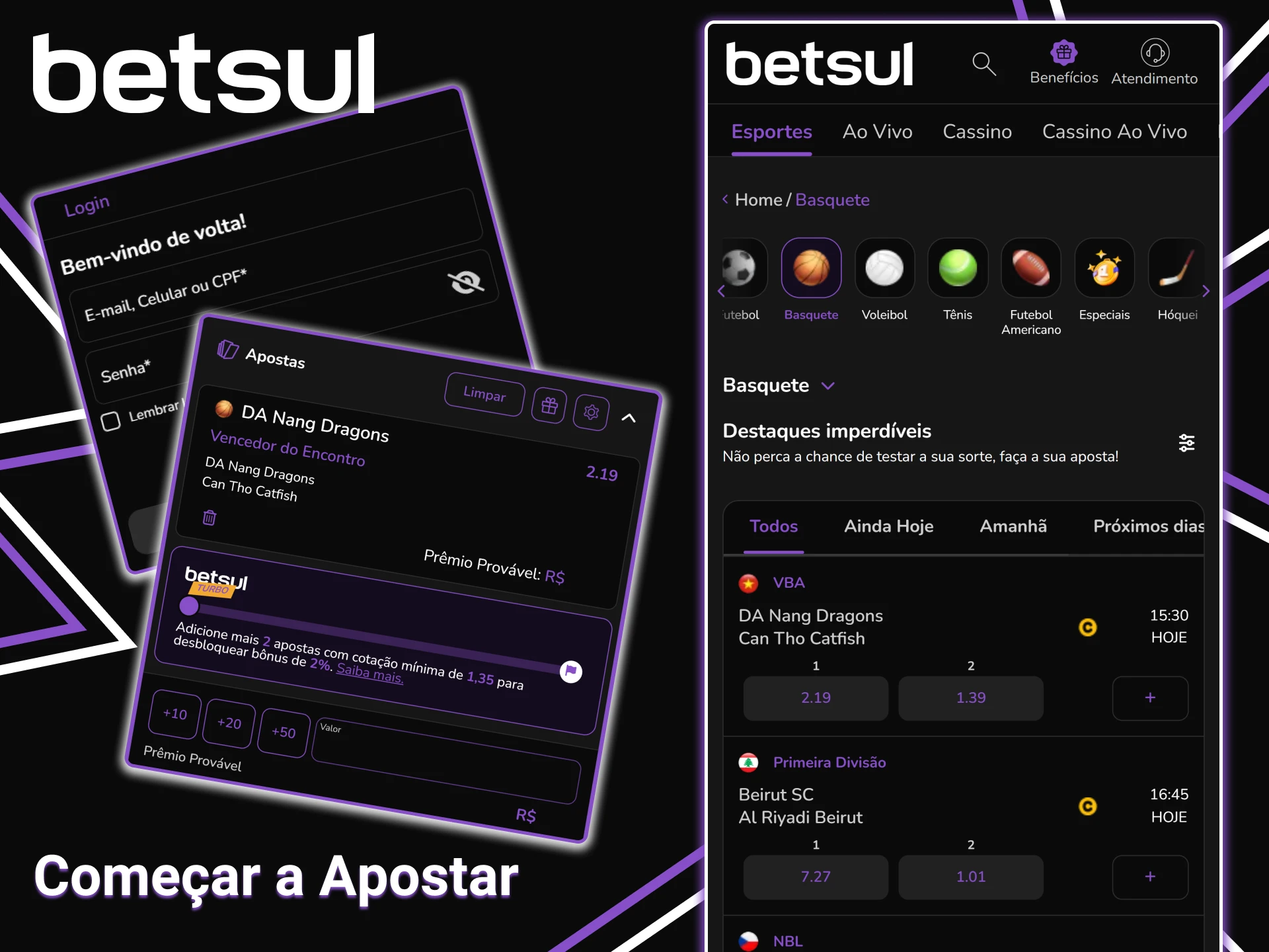 Faça login na sua conta Betsul, escolha um esporte e faça sua aposta.