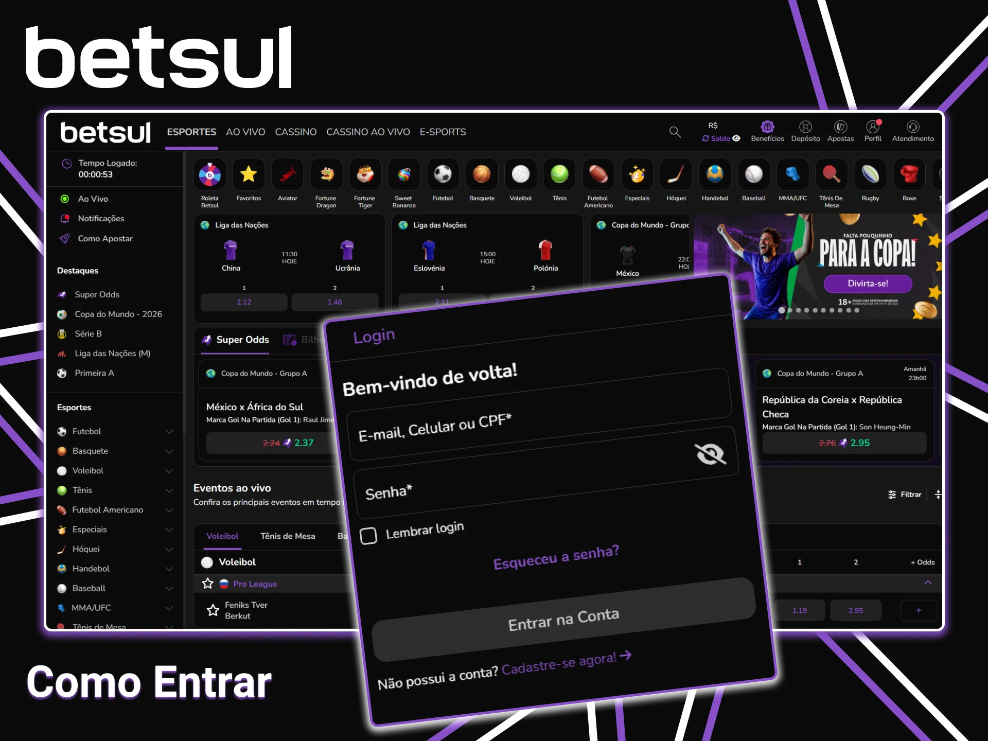 Utilize suas credenciais de login para acessar a conta Betsul.