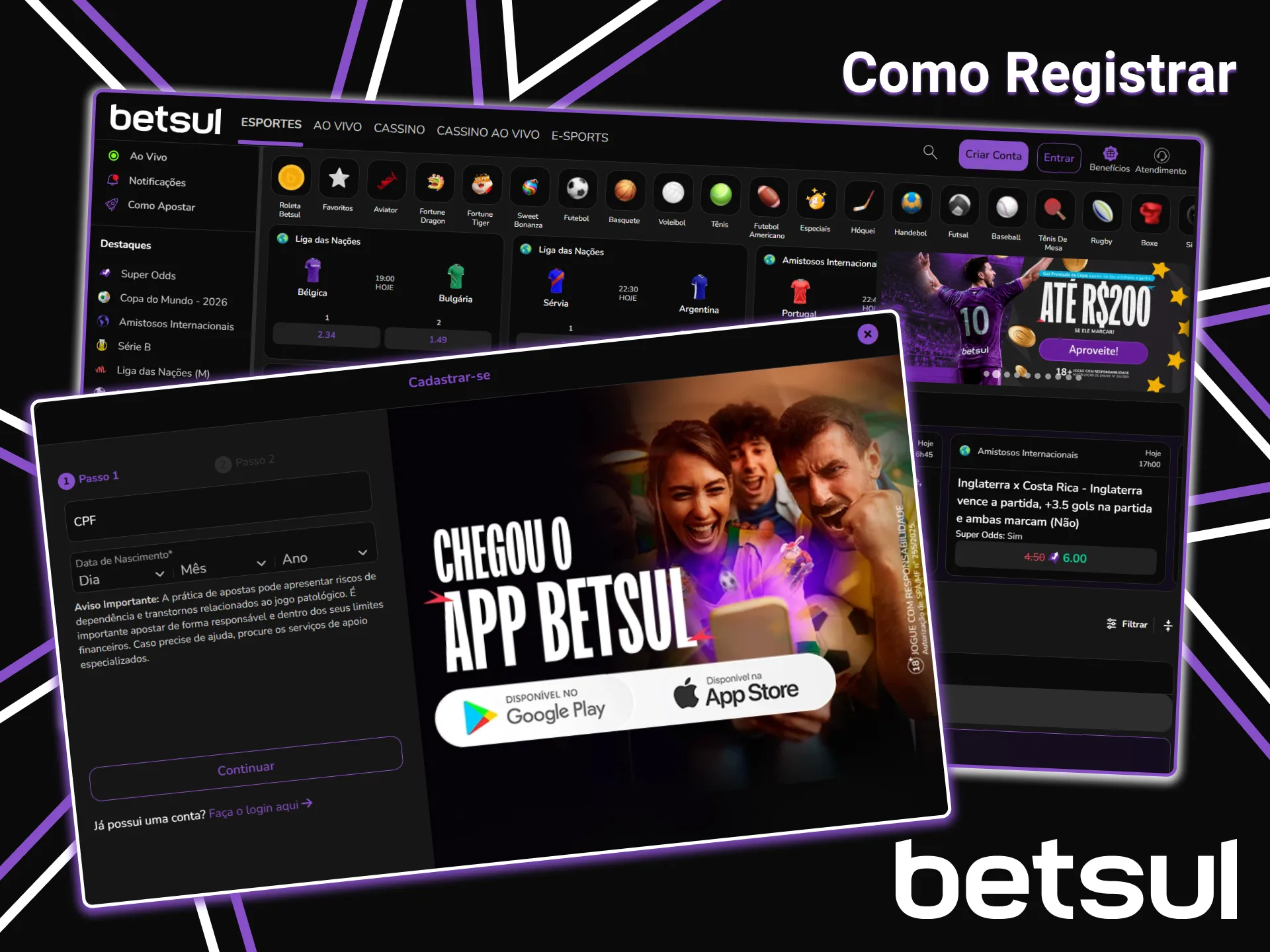 Cadastre-se no site oficial da Betsul no Brasil para apostar e jogar.