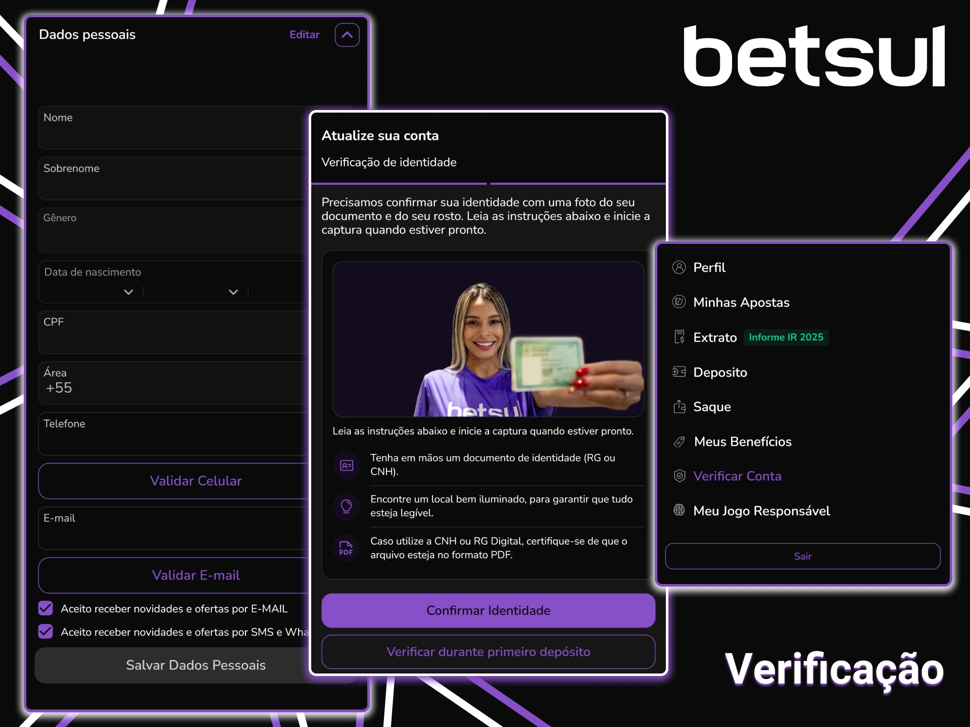 Faça o upload das suas informações para verificar a conta Betsul.