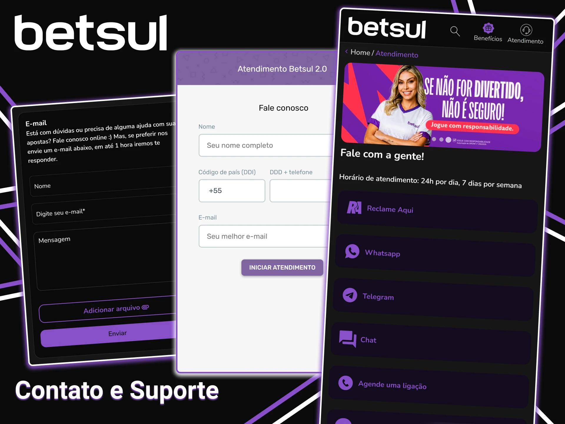 Entre em contato com o suporte da Betsul via chat ao vivo, e-mail ou telefone.